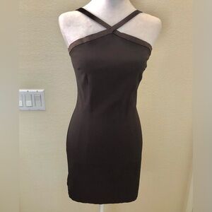 Cache Sexy Cocktail Dress Brown Criss Cross with Satin Straps